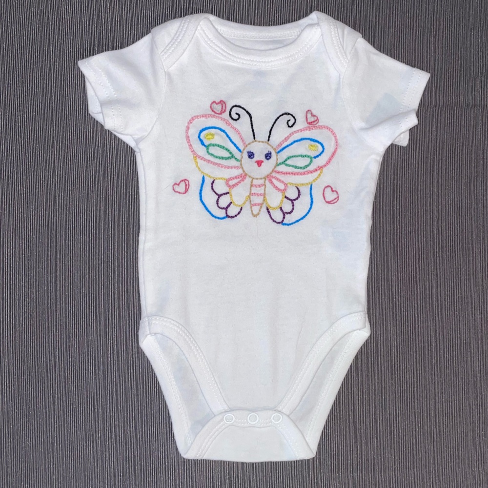 Kidgets White Baby Girl’s Onsie with Vibrant Hand Embroidered Butterfly